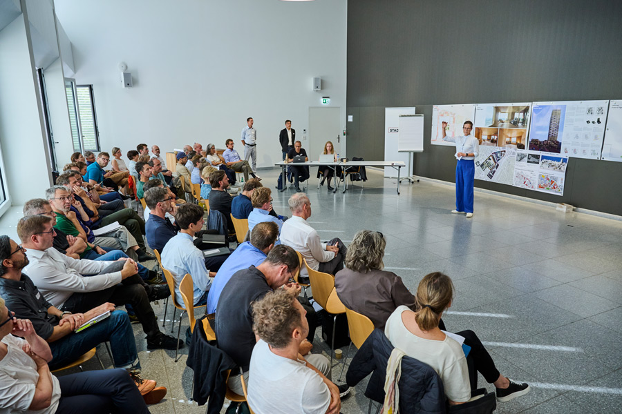 The ‘Forum’ of Winterthur's city administration. Anita Eckhardt, a member of Implenia's Executive Board, presents the world's tallest timber high-rise building.